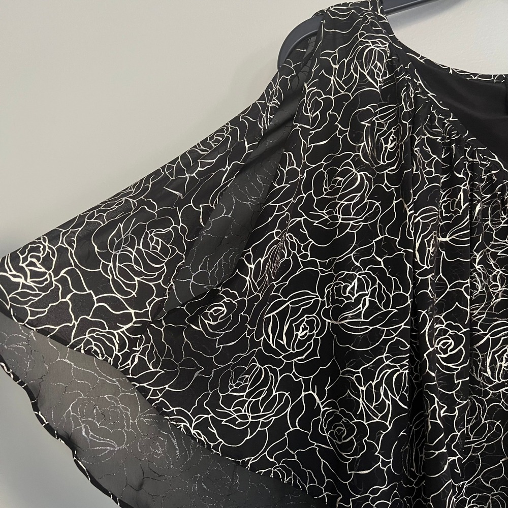 Coco Bianco Womens Black Silver Metallic Rose Cold Shoulder Layered Blouse M - Picture 2 of 8